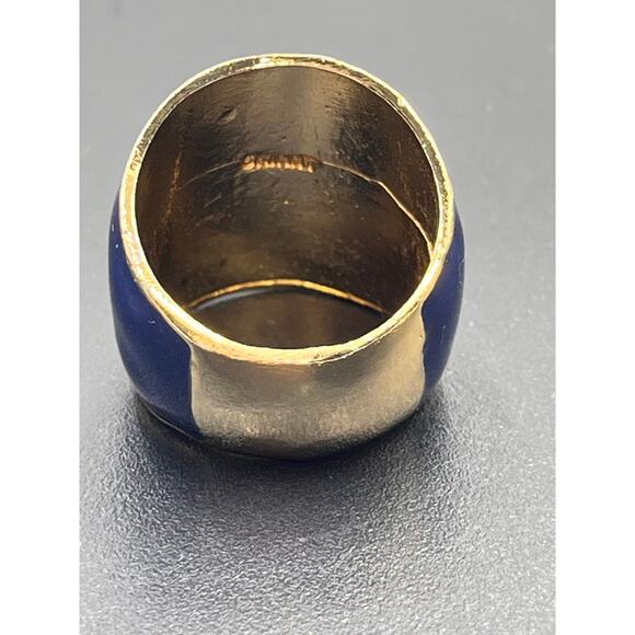 Designer Signed Wide Chunky Navy Blue Enamel Gold Tone Ring Sz 7 3/4 - Picture 6 of 8